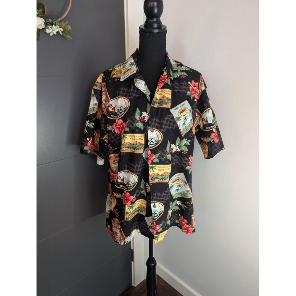 Vintage Winnie Fashion Cotton Coffee & Floral Print Hawaiian Shirt -‎ L